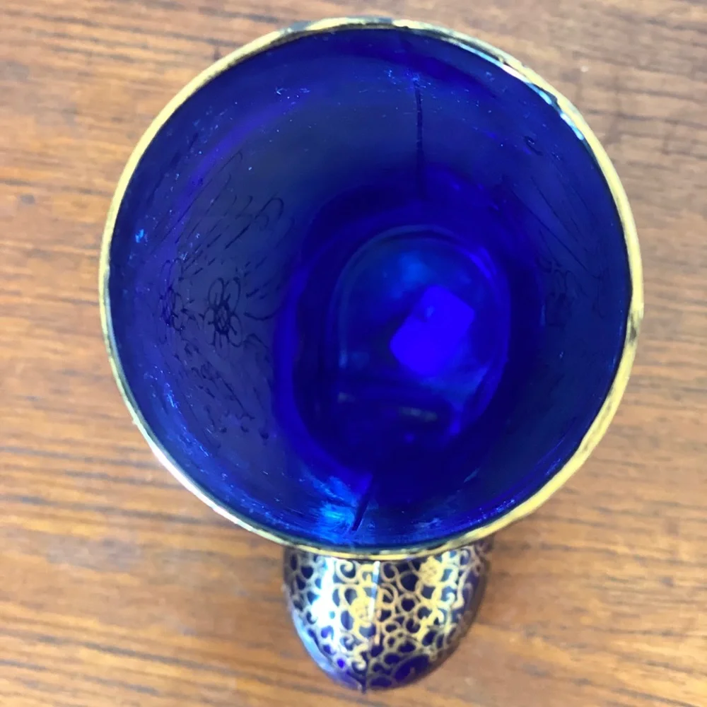 Vintage Vase Novelty Cobalt Blue Glass Boot with Gold Leaf Gilding Italy Cup